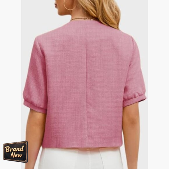 Cropped Tweed Blazer with Puff Sleeves for Office Work Slim Fit - Picture 2 of 7